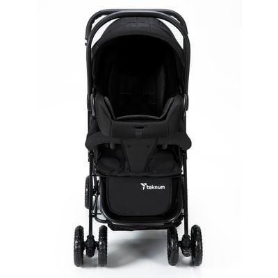 Teknum Reversible Trip Stroller + Infant Car Seat | Excellent Shocker | Forward & Parent Facing | Wide Canopy & Seat | 5 - Point Safety Harness | Reversible Handle | Golden Frame | Cup Holder | Big Basket | Easy To Fold | 6 - 36Months | Black